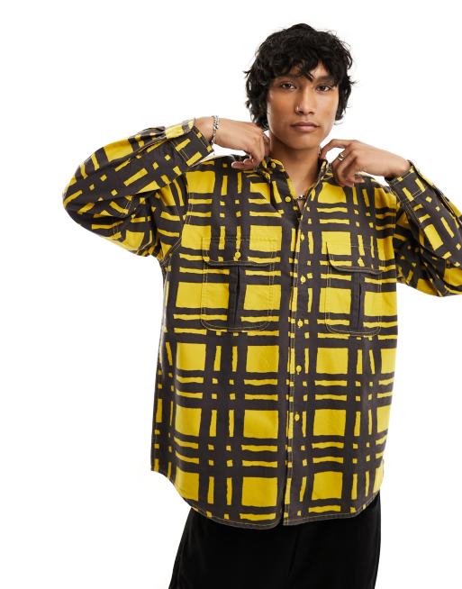 Camisa amarilla de corte skater a cuadros grandes con bolsillos de