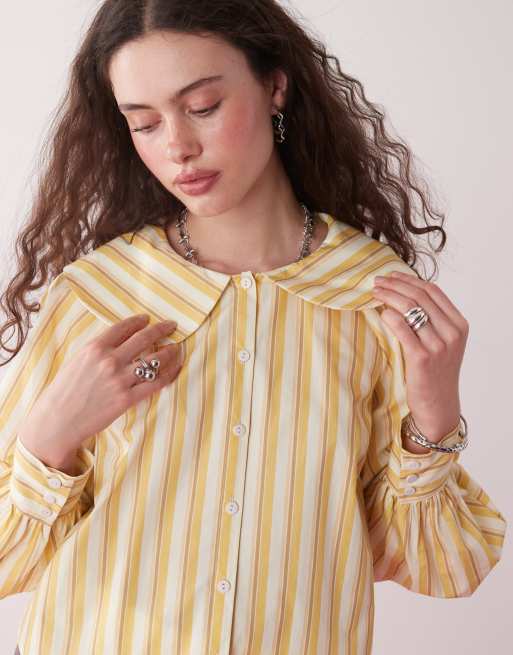 Camisa amarillo crema a rayas anchas con cuello babero de Reclaimed Vintage, 4 de 4
