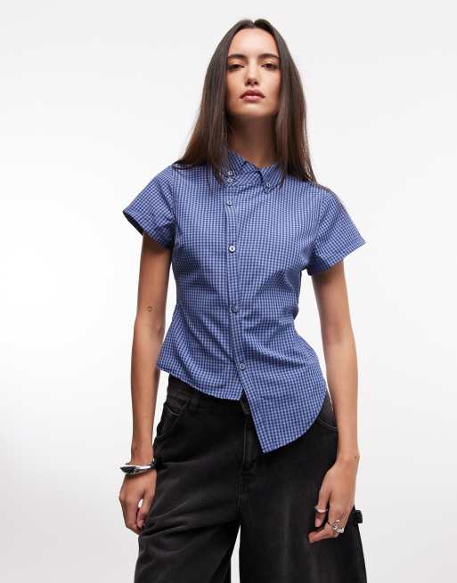 Camisa azul a cuadros asimétrica de manga corta de COLLUSION, 2 de 4