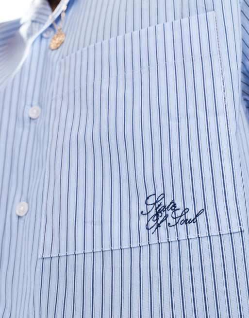 Camisa azul a rayas de corte cuadrado extragrande con bordado en el bolsillo de ASOS DESIGN, 3 de 4