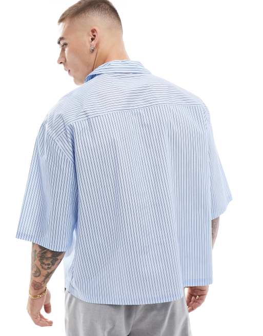 Camisa azul a rayas de corte cuadrado extragrande con bordado en el bolsillo de ASOS DESIGN, 4 de 4