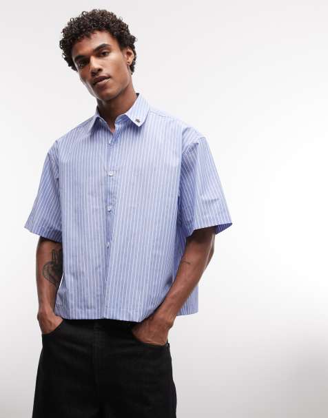 Camisa azul a rayas de corte cuadrado extragrande con estampado posicional de ASOS DESIGN - view 1