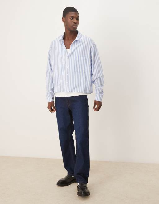 Camisa azul a rayas de corte cuadrado extragrande de tejido efecto lino de ASOS DESIGN, 3 de 4