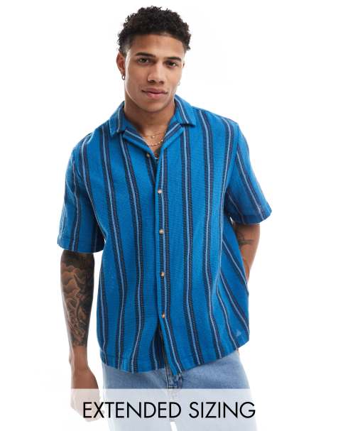 Camisa azul a rayas de corte cuadrado holgado con cuello de solapas de tejido de panamá de ASOS DESIGN - view 1