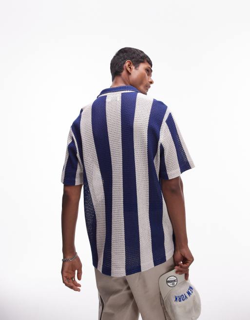 Camisa azul a rayas de manga corta de croché de Topman, 4 de 4