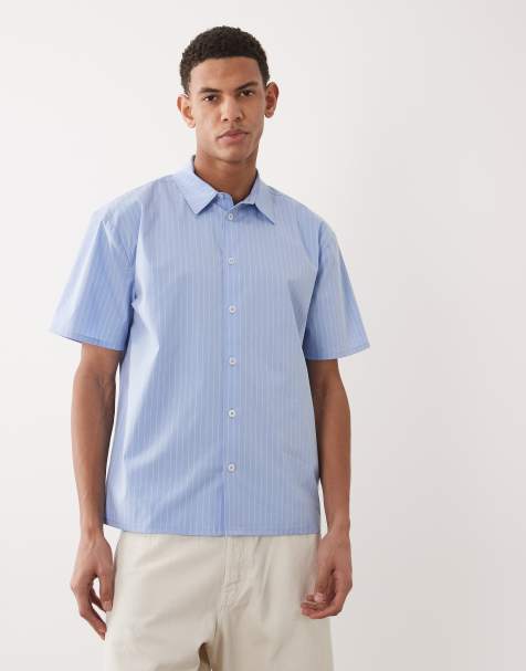 Camisa azul a rayas de manga corta de popelina de New Look - view 1