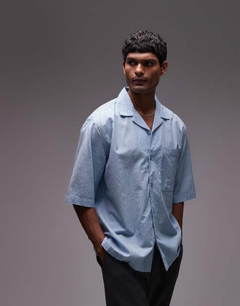 Camisa azul a rayas de manga corta y corte cuadrado de Topman - view 1