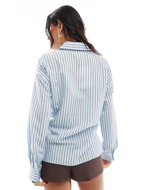 Camisa azul a rayas marrones con detalle de botón en la cintura efecto entallado de ASOS DESIGN, 3 de 5