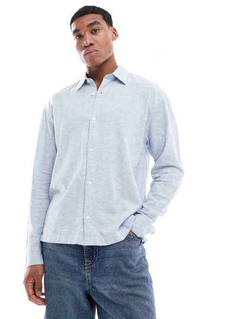 Camisa azul abotonada de mezcla de lino de Hollister