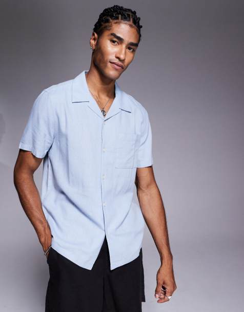 Camisa azul claro con cuello de solapas de mezcla de lino de New Look - view 1