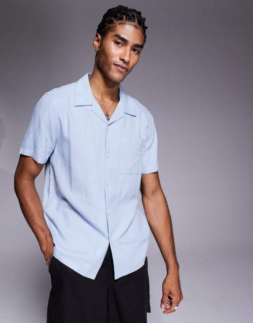 Camisa azul claro con cuello de solapas de mezcla de lino de New Look