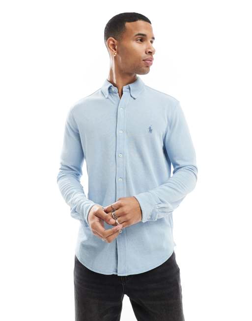 Camisa azul claro jaspeado con logo de pique Icon de Polo Ralph Lauren ASOS