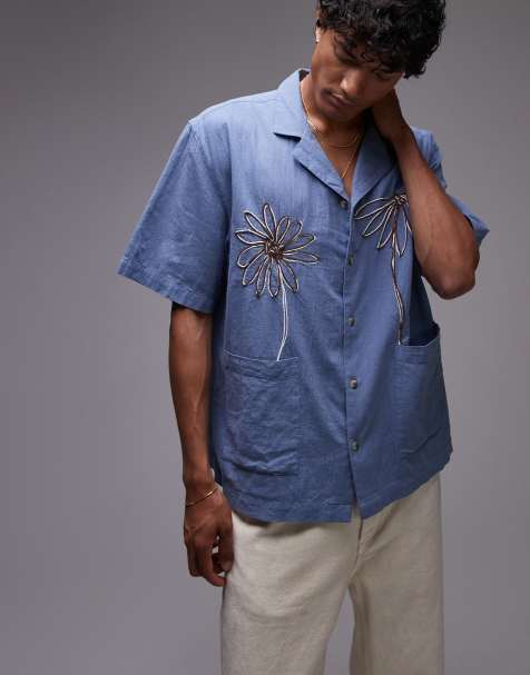 Camisa azul con bordado floral de efecto cuerda de Topman - view 1