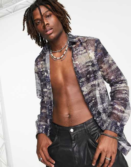 Camisa azul con estampado de serpiente de malla Caples de Twisted Tailor