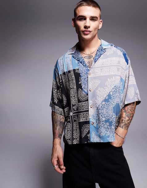 Camisa azul de corte cuadrado extragrande con cuello de solapas pronunciadas y estampado dividido estilo bandana de ASOS DESIGN - view 1