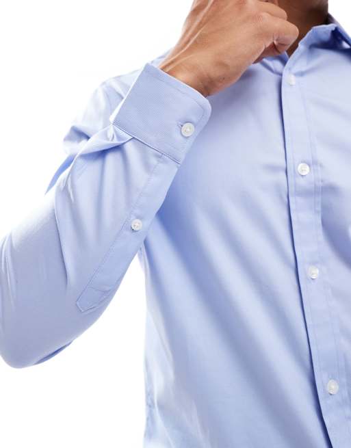 Camisa azul de corte slim con cuello italiano de tejido facil de planchar de ASOS DESIGN ASOS