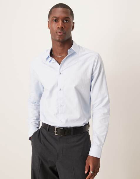 Camisa azul de corte slim con patrón de espiga de ASOS DESIGN - view 1