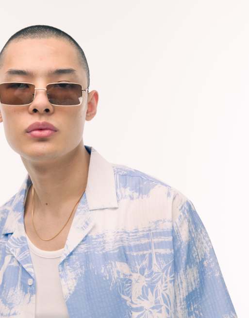 Camisa azul de manga corta con estampado floral difuminado y cuello de solapas de sirsaca de Topman