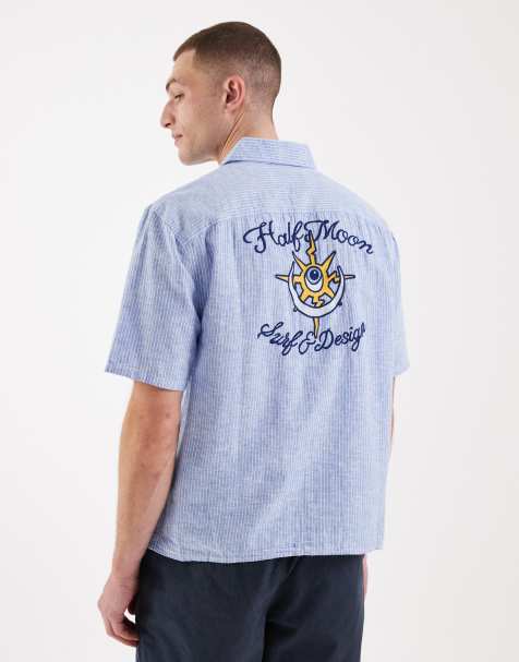 Camisa azul de manga corta con estampado gráfico en la espalda de mezcla de lino de Hollister - view 1