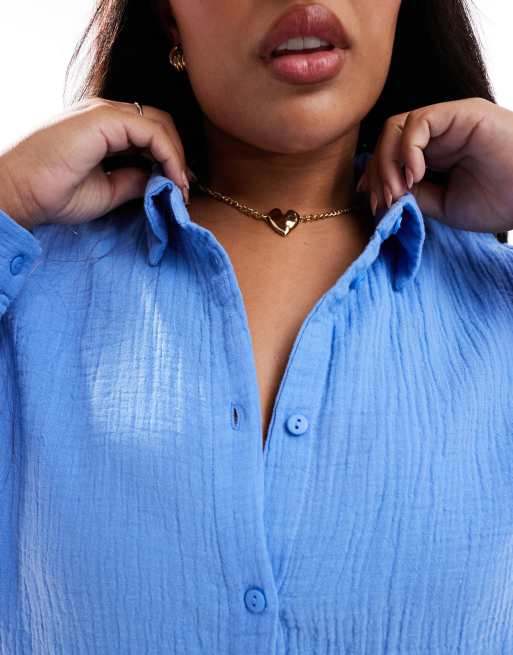 Camisa azul de manga larga de bambula de ONLY Curve (parte de un conjunto), 3 de 4