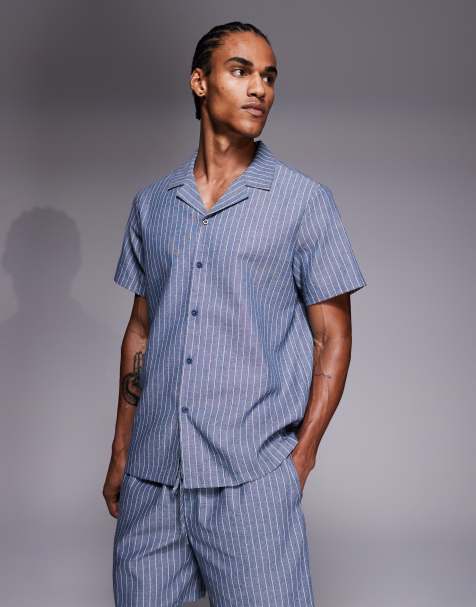Camisa azul descolorido a rayas de manga corta con lino de South Beach - view 1