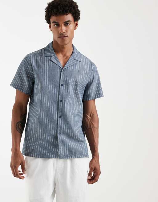 Camisa azul descolorido a rayas de manga corta con lino de South Beach