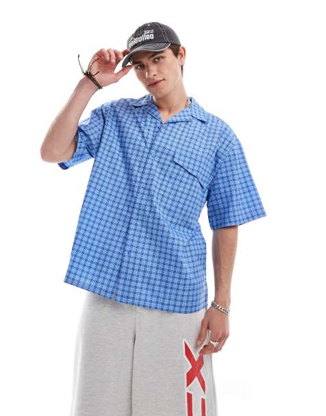 Camisa azul extragrande a cuadros de manga corta con cuello de solapas de popelina de COLLUSION - view 1