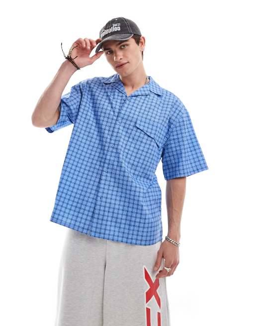 Camisa azul extragrande a cuadros de manga corta con cuello de solapas de popelina de COLLUSION