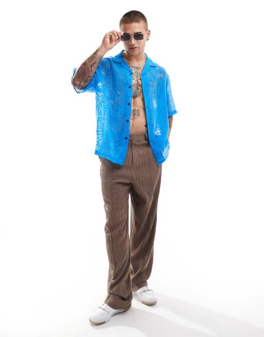 Camisa azul luminoso extragrande con cuello de solapas y patrón ondulado devoré de ASOS DESIGN
