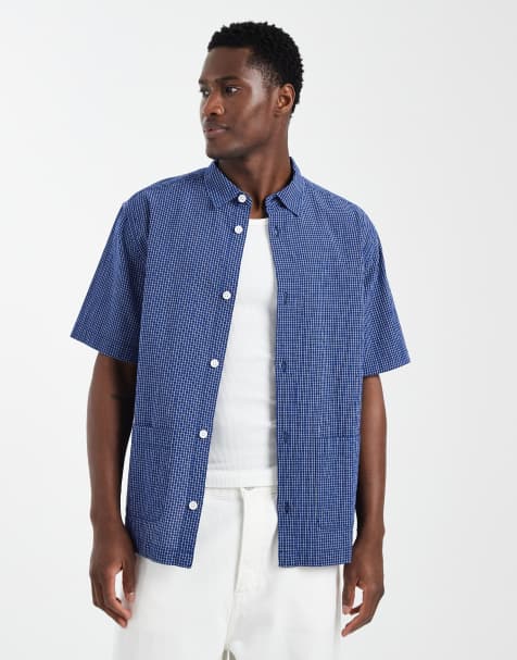 Camisa azul marino a cuadros pequeños holgada con bolsillos de ASOS DESIGN - view 1