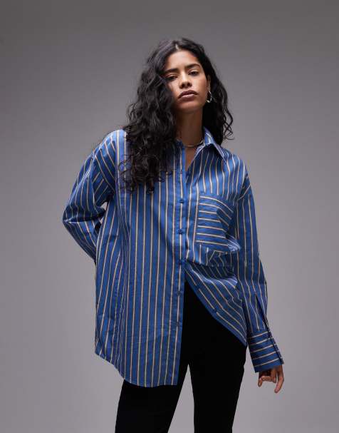 Camisa azul marino a rayas blanco marfil extragrande de Topshop - view 1