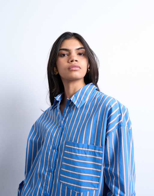 Camisa azul marino a rayas blanco marfil extragrande de Topshop, 3 de 4