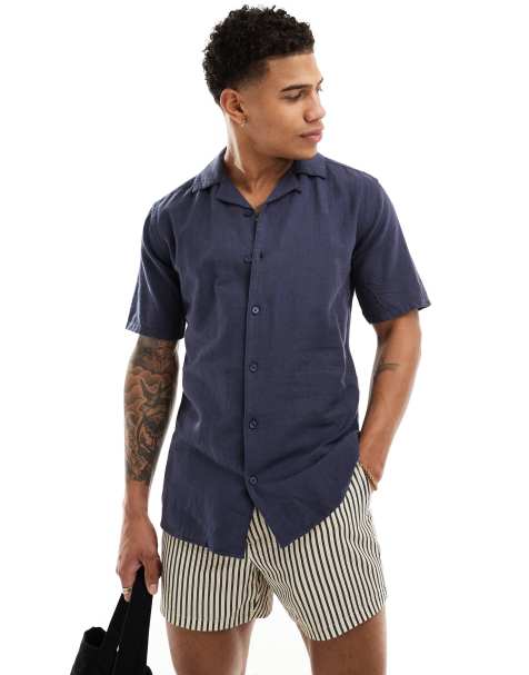 Camisa azul marino con cuello de solapas de mezcla de lino de ONLY & SONS - view 1
