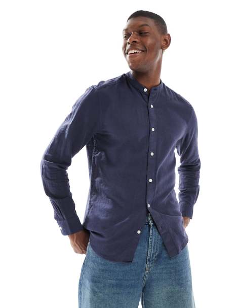 Camisa azul marino con cuello mao de mezcla de lino de ONLY & SONS - view 1