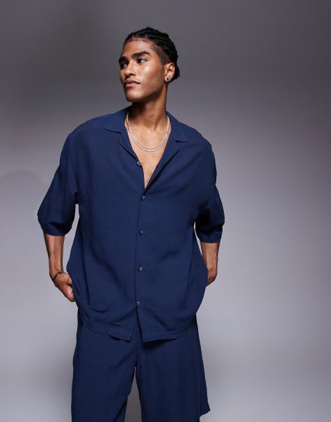 Camisa azul marino de corte cuadrado extragrande con cuello de solapas de ASOS DESIGN (parte de un conjunto) - view 1