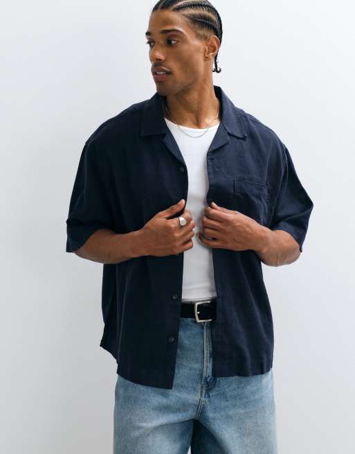 Camisa azul marino de corte cuadrado extragrande con cuello de solapas de mezcla de lino de ASOS DESIGN (parte de un conjunto), 3 de 5