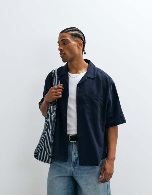 Camisa azul marino de corte cuadrado extragrande con cuello de solapas de mezcla de lino de ASOS DESIGN (parte de un conjunto), 5 de 5