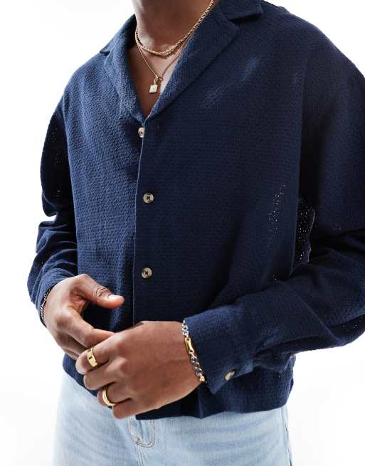 Camisa azul marino de corte cuadrado extragrande de tejido texturizado de ASOS DESIGN, 2 de 4