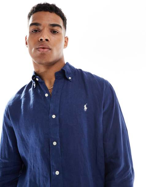 Camisa azul marino de corte custom con logo de icono de lino de Polo Ralph Lauren - view 1