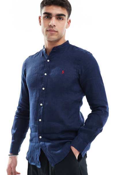 Camisa azul marino de corte slim con cuello panadero y logo de lino Icon de Polo Ralph Lauren - view 1
