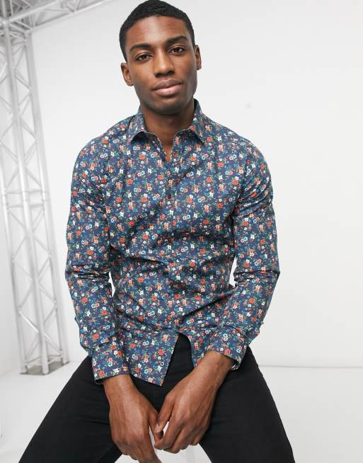 Camisa azul marino de corte slim con estampado floral de Harry Brown