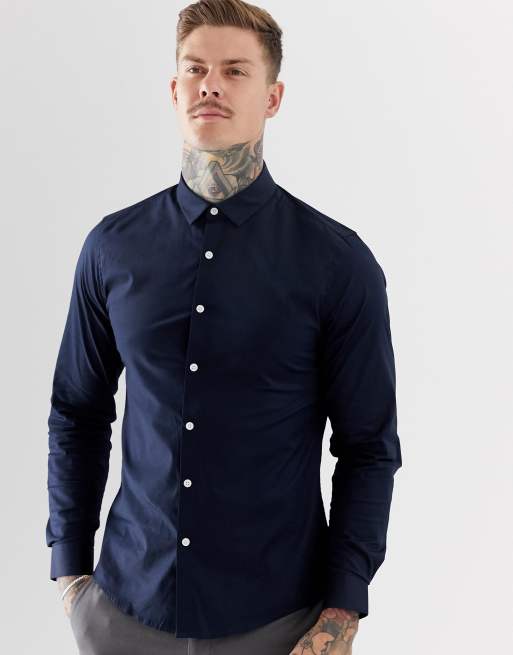 Camisa azul marino de corte slim elástico de ASOS DESIGN | ASOS