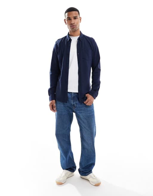 Camisa azul marino de manga larga de piqué de mezcla de algodón de Threadbare, 2 de 5