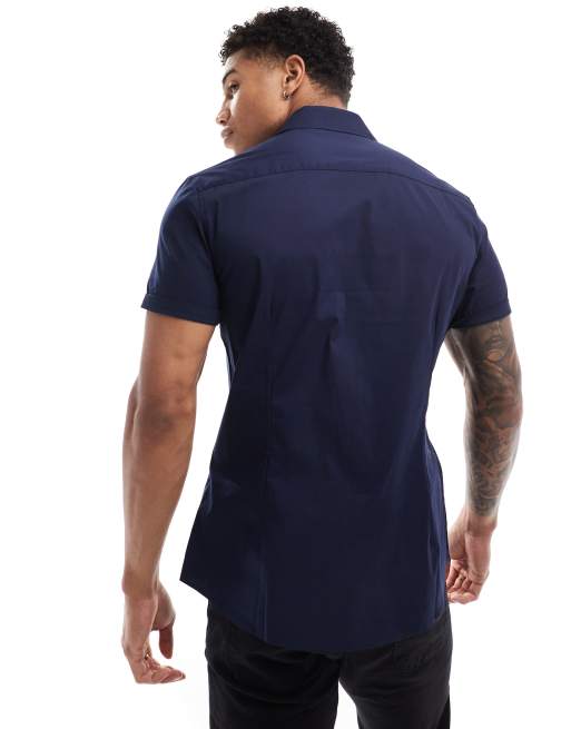 Camisa azul marino estilo oficina de corte slim elástico de ASOS DESIGN, 3 de 4