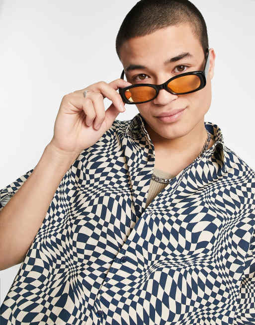 Camisa azul marino extragrande de corte cuadrado con estampado de cuadros dameros distorsionados de ASOS DESIGN