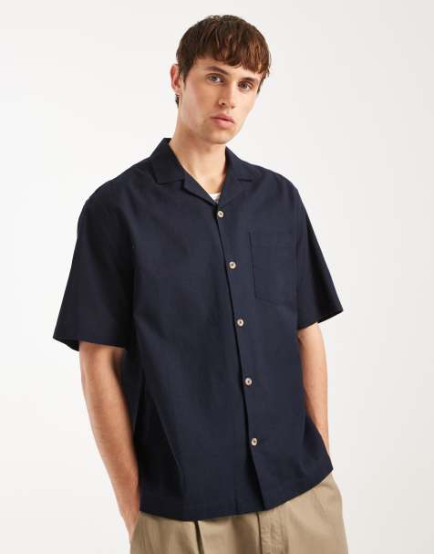 Camisa azul marino holgada con solapas de lino de ASOS DESIGN - view 1
