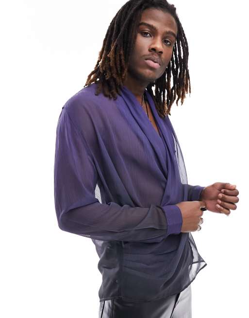 Camisa azul marino y negra transparente y cruzada con estampado degradado de ASOS DESIGN