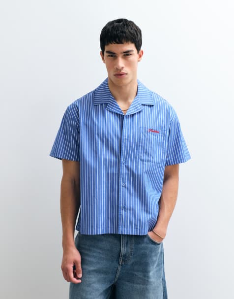 Camisa azul oscuro a rayas de manga corta con cuello de solapas de Prohibited - view 1