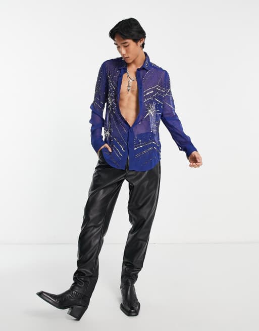 Camisa azul transparente con diseño de abalorios tipo fuegos artificiales de ASOS DESIGN 
