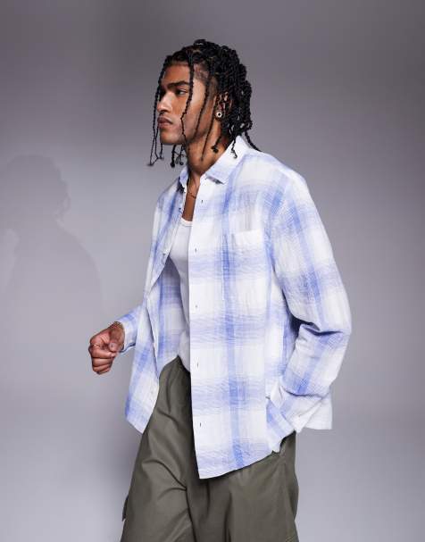 Camisa azul y blanca de corte cuadrado estándar con bolsillo de parche de mezcla de lino de ASOS DESIGN - view 1